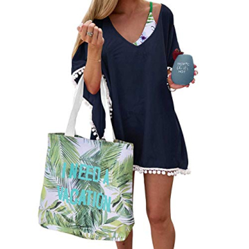 Adreamly Women's Pom Pom Trim Kaftan Chiffon Swimwear Bathing Suit Beach Cover Up Navy Blue Large-X-Large