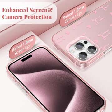 ZTOFERA for iPhone 15 Pro Max Case, Cute Pink Ribbon Bow Tie Case with Floral Aesthetic Designs, Tre...
