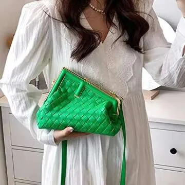 Woven PU Leather Trendy Design Chain Strap Tote Bag Metal Square Clasp Closure Crossbody Clutch Purse Shoulder Bag(Green)