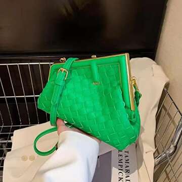 Woven PU Leather Trendy Design Chain Strap Tote Bag Metal Square Clasp Closure Crossbody Clutch Purse Shoulder Bag(Green)