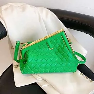 Woven PU Leather Trendy Design Chain Strap Tote Bag Metal Square Clasp Closure Crossbody Clutch Purse Shoulder Bag(Green)