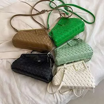 Woven PU Leather Trendy Design Chain Strap Tote Bag Metal Square Clasp Closure Crossbody Clutch Purse Shoulder Bag(Green)