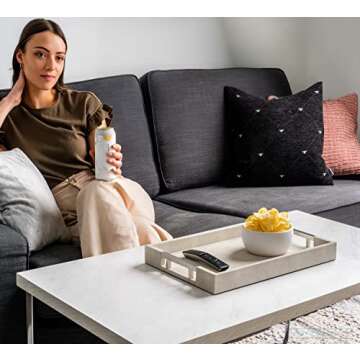 Modern Elegant 18"x12" Rectangle Natural Ivory Beige Faux Leather Shagreen Decorative Tray Ottoman C...