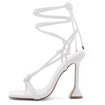 Shoe Land SL-Melody Women's Lace Up Heels Dressy Strappy Heels Square Open Toe Tie Up Stiletto High Heeled Sandals Black White Gold Fuchsia Red Heels for Prom Party, 1901White, Size 9.0