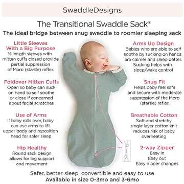 SwaddleDesigns Transitional Swaddle Sack with Arms Up Half-Length Sleeves and Mitten Cuffs, Medium, ...