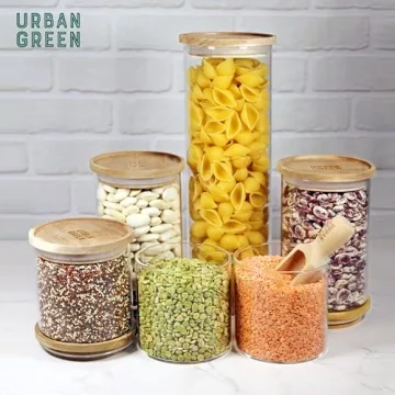 Urban Green Glass Jars with Wood Lids for Kitchen Storage