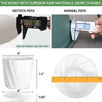 NGTTXTX 8 Inch Plant Pots with Drainage Holes and Saucers - Flower Pots for Indoor Plants - White Plastic Planters for Outdoor Plants - House Planting Pots Set