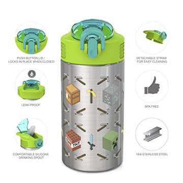 Zak Designs Minecraft 18/8 Single Wall Stainless Steel Kids Water Bottle with Flip-up Straw Spout an...