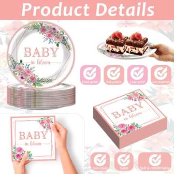 gisgfim 50 Guests Baby in Bloom Baby Shower Decorations Party Decorations Plates Napkins Baby In Bloom Party Tableware Set Girl Floral Party Supplies Pink Baby in Bloom Paper Plates Napkins 200PCS