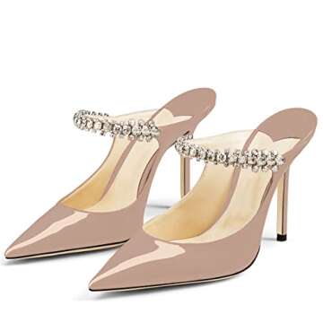 Jimishow Nude Heeled Mules for Women Rhinestone Mule Heels 4” Pointy Closed Toe Slip on Bridal Mule Sandals Size 5