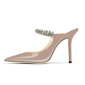 Jimishow Nude Heeled Mules for Women Rhinestone Mule Heels 4” Pointy Closed Toe Slip on Bridal Mule Sandals Size 5