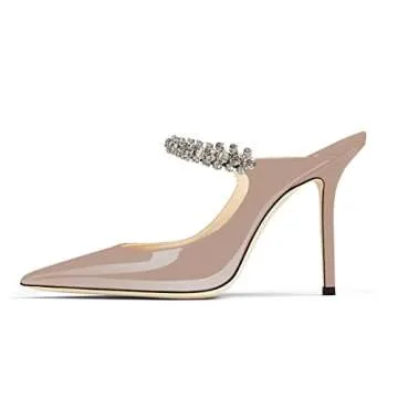Jimishow Nude Heeled Mules for Women Rhinestone Mule Heels 4” Pointy Closed Toe Slip on Bridal Mule Sandals Size 5