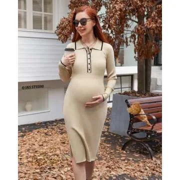 V FOR CITY Maternity Sweater Dress Spring Collared Ribbed Bodycon Maxi Midi Pregnancy Photoshoot Baby Shower Beige Medium