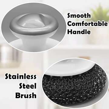 2Pcs Stainless Steel Wool Scrubber with Handle, Heavy Duty Pot Scrubbers Dish Scrubber Cleaning Brus...