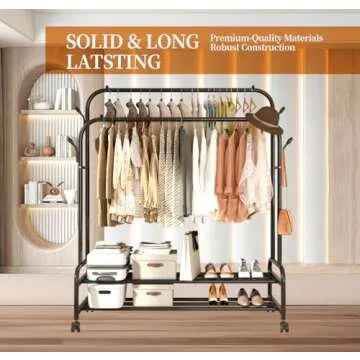 Antiwar Sturdy Metal Double Rodding Clothes Rack With Wheels, Portable Clothing Rack With Shelves & ...