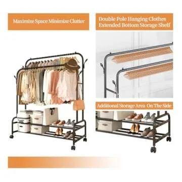 Antiwar Metal Double Rodding Clothes Rack with Wheels