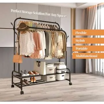 Antiwar Metal Double Rodding Clothes Rack with Wheels