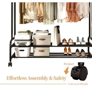 Antiwar Metal Double Rodding Clothes Rack with Wheels