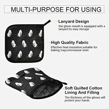 Halloween Spooky Ghosts Oven Mitts and Pot Holders Cooking Gloves Kitchen Trivet Mats 2-Piece Set Non-Slip Heat Resistant Pad for Baking BBQ Home Decor