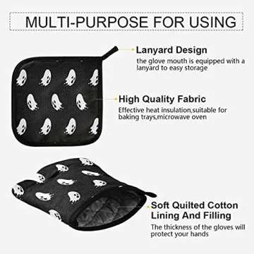Halloween Spooky Ghosts Oven Mitts and Pot Holders Cooking Gloves Kitchen Trivet Mats 2-Piece Set Non-Slip Heat Resistant Pad for Baking BBQ Home Decor