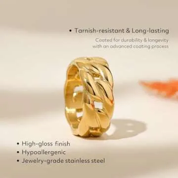 BENIQUE Gold Chunky Statement Rings for Women, Link Chain Tarnish-Resistant 18k Gold Plated Stainless Steel Size 5 6 7 8 9 10 11 (LinkChain/9)