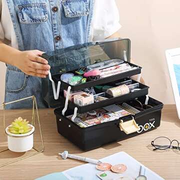 Kinsorcai 12'' Three-Layer Clear Plastic Storage Box/Tool Box, Multipurpose Organizer and Portable Handled Storage Case for Art Craft and Cosmetic (Black)