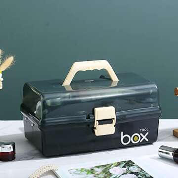 Kinsorcai 12'' Three-Layer Clear Plastic Storage Box/Tool Box, Multipurpose Organizer and Portable Handled Storage Case for Art Craft and Cosmetic (Black)