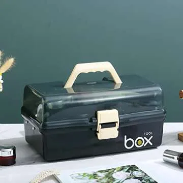 Kinsorcai 12'' Three-Layer Clear Plastic Storage Box/Tool Box, Multipurpose Organizer and Portable Handled Storage Case for Art Craft and Cosmetic (Black)