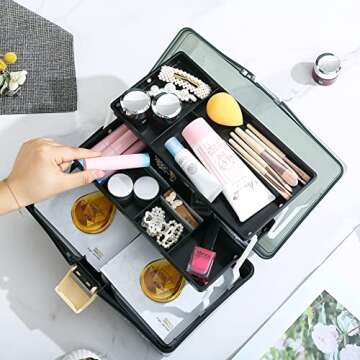 Kinsorcai 12'' Three-Layer Clear Plastic Storage Box/Tool Box, Multipurpose Organizer and Portable Handled Storage Case for Art Craft and Cosmetic (Black)
