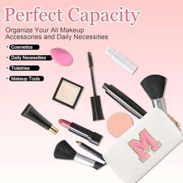 Small Personalized Letter Makeup Bag, Cute PU Leather Chenille Letters Cosmetic Bag Travel Makeup Bag, Preppy Makeup Pouch Travel Organizer Zipper Pouch Organizer for Women and Girls(WhitePink-M)