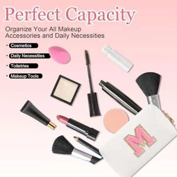 Small Personalized Letter Makeup Bag, Cute PU Leather Chenille Letters Cosmetic Bag Travel Makeup Bag, Preppy Makeup Pouch Travel Organizer Zipper Pouch Organizer for Women and Girls(WhitePink-M)