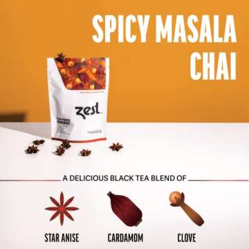 Zest 150mg High Caffeine Energy Loose Leaf Blend - Spicy Masala Chai Black Tea - 4 Oz - All Natural Strong Flavored Healthy Coffee Alternative Highly Caffeinated Substitute - Perfect for Keto Diet