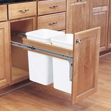 Rev-A-Shelf Double Pullout Trash Can for Base Kitchen/Bathroom Cabinets, 27 Qt Wood Top Mount Garbag...