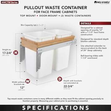 Rev-A-Shelf Double Pullout Trash Can for Base Kitchen/Bathroom Cabinets, 27 Qt Wood Top Mount Garbage Bin, 12" x 1.5" Face-Frame, White, 4WCTM-15DM2