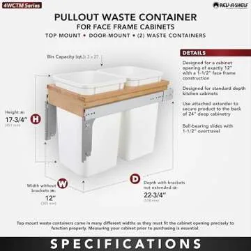 Rev-A-Shelf Double Pullout Trash Can for Base Kitchen/Bathroom Cabinets, 27 Qt Wood Top Mount Garbage Bin, 12" x 1.5" Face-Frame, White, 4WCTM-15DM2