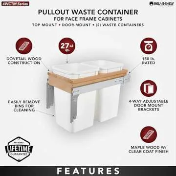 Rev-A-Shelf Double Pullout Trash Can for Base Kitchen/Bathroom Cabinets, 27 Qt Wood Top Mount Garbage Bin, 12" x 1.5" Face-Frame, White, 4WCTM-15DM2
