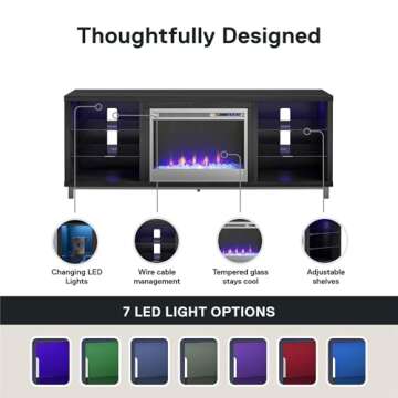 Ameriwood Home Lumina Fireplace TV Stand, Black Oak, Holds TVs up to 70", Modern Entertainment Center with RGB LED Lights