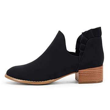 FISACE Womens Ruffled Ankle Boots V Cut Out Pointed Toe Chunky Low Heel Dressy Western Booties