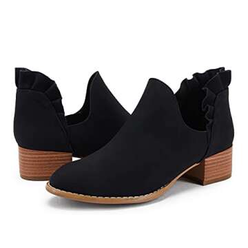 FISACE Womens Ruffled Ankle Boots V Cut Out Pointed Toe Chunky Low Heel Dressy Western Booties