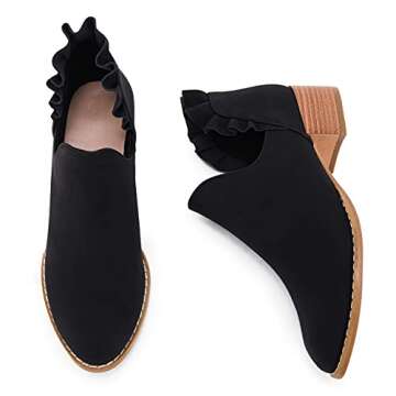 FISACE Womens Ruffled Ankle Boots V Cut Out Pointed Toe Chunky Low Heel Dressy Western Booties