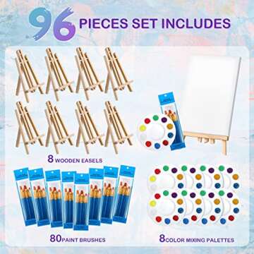 96 Pcs Painting Set with Easels, 8 Wood Easels, 80 Brushes with Nylon Brush Head, 8 Plastic Palettes Acrylic Supplies Kit for Adults Sip and Party Arts, 7.5 x 11.8 in Easel, No Paint