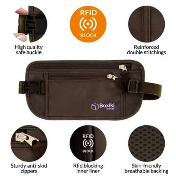 Boxiki Travel Money Belt - RFID Blocking Waist Bag, Secure Fanny Pack for Men and Women, Fits Passpo...