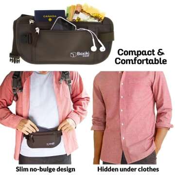 Boxiki Travel Money Belt - RFID Blocking Waist Bag, Secure Fanny Pack for Men and Women, Fits Passport, Wallet, Phone and Personal Items, Waist Pack (Brown)