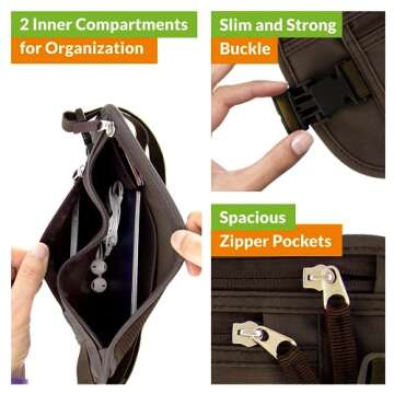 Boxiki Travel Money Belt - RFID Blocking Waist Bag, Secure Fanny Pack for Men and Women, Fits Passport, Wallet, Phone and Personal Items, Waist Pack (Brown)