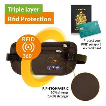 Boxiki Travel Money Belt - RFID Blocking Waist Bag, Secure Fanny Pack for Men and Women, Fits Passport, Wallet, Phone and Personal Items, Waist Pack (Brown)