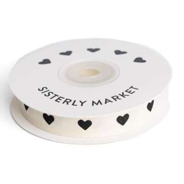 Sisterly Market Cotton Herringbone Custom Ribbon Natural 5/8' x 10 Yards (5/8 inch, Black Hearts)
