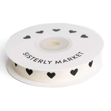 Sisterly Market Cotton Herringbone Custom Ribbon Natural 5/8' x 10 Yards (5/8 inch, Black Hearts)