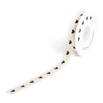 Sisterly Market Cotton Herringbone Custom Ribbon Natural 5/8' x 10 Yards (5/8 inch, Black Hearts)