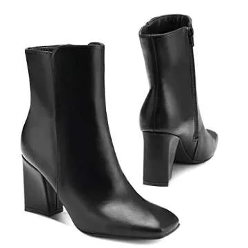 mysoft Women's GoGo Boots Square Toe Side Zipper Ankle Boots Chunky Block Heel Mid Calf Low Heeled Short Booties
