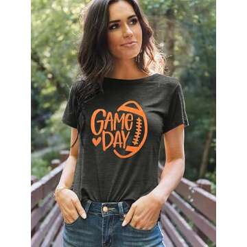 Game Day Football Shirt Women Football Graphic Tee Football Season T-Shirt Funny Sunday Short Sleeve Tops (Gray, S)